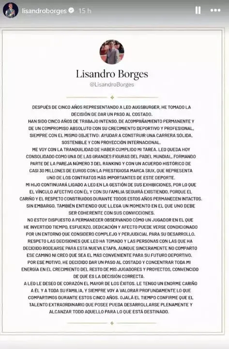 Lisandro Borgesin Instagram-julkaisun kuvakaappaus, jossa näkyy kehystetty sivu ja pitkä espanjankielinen teksti hänen urapäätöksistään ja sitoutumisestaan ​​urheiluun ja perheeseen.