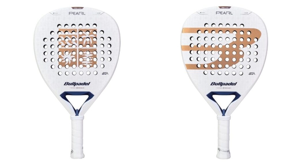 Front view of two white Bullpadel Pearl padel rackets with blue grips; left shows a brown square perforation pattern, right shows a brown curved stripe.