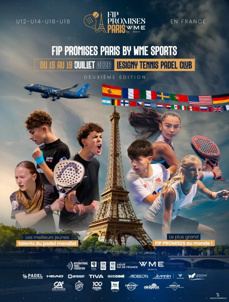 Poster for FIP Promises Paris by WME Sports featuring tennis and padel players with the Eiffel Tower, airplane, and multiple national flags in a night-sky background.