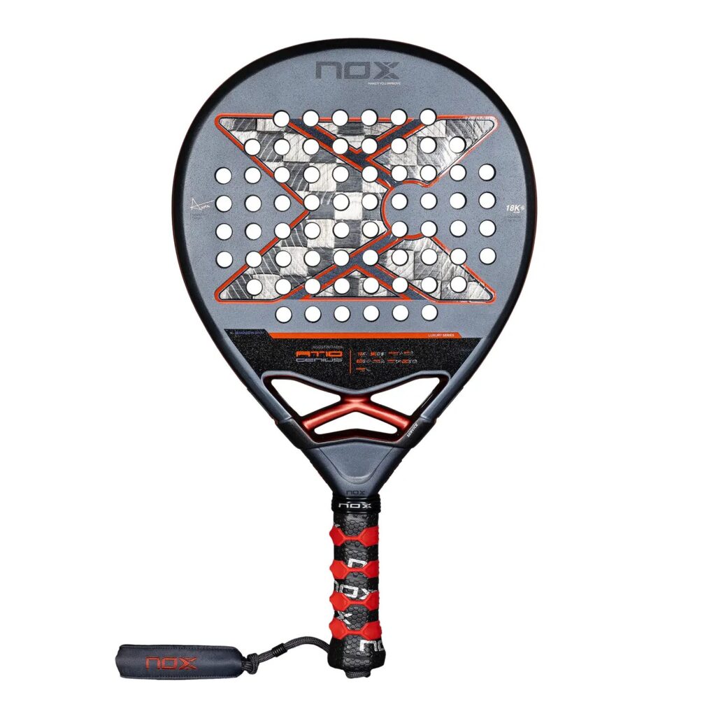 image | Padel Magazine Padel racket with a gray body and red-trimmed strings pattern, grip at bottom, NOX branding visible (luxury series).