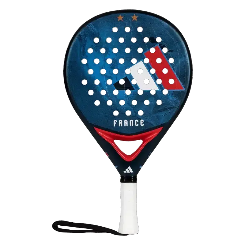 image | Padel Magazine Blue padel racket with a perforated face, featuring a France flag-inspired design and 'FRANCE' text on a black background.