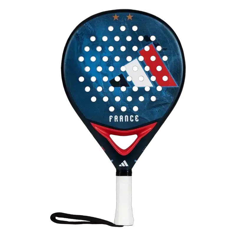 Sininen padelmaila rei'itetyllä lyöntipinnalla, jossa on Ranskan lipusta inspiroitunut muotoilu ja teksti "FRANCE" mustalla taustalla.