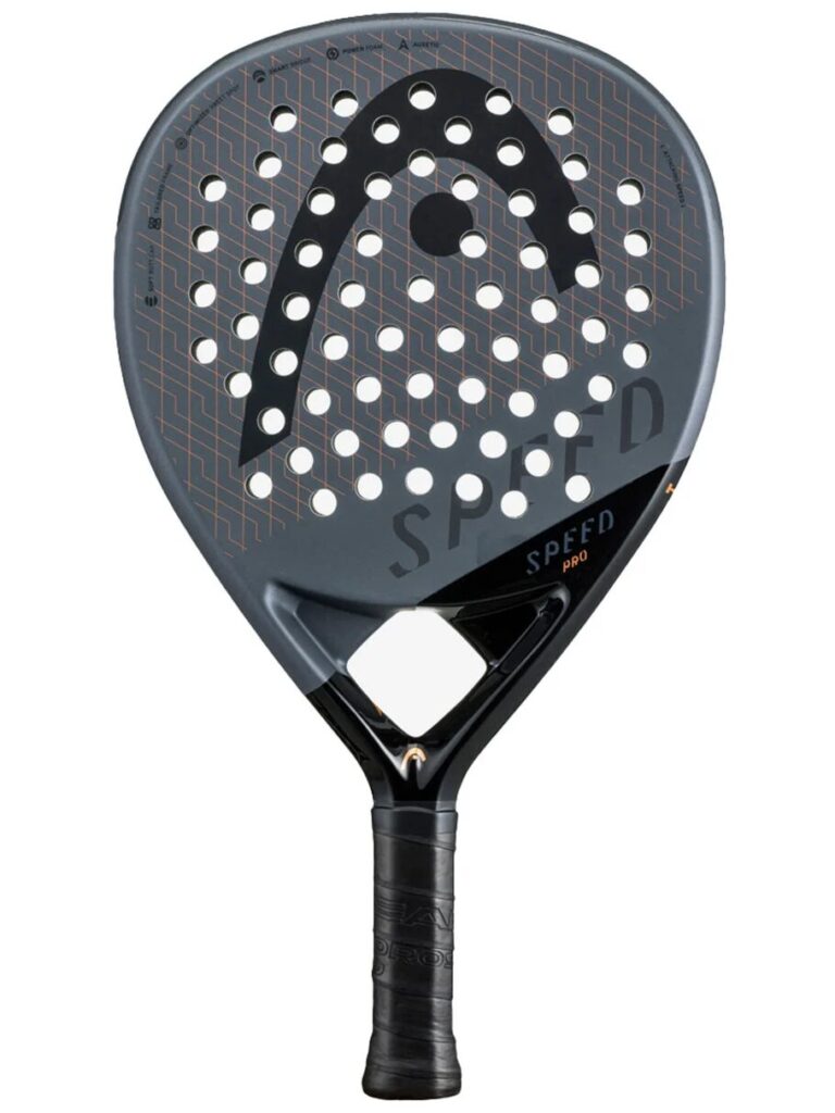 image | Padel Magazine Padel racket with perforated face and black grip, labeled Speed Pro, ready for play in a dark gray color.