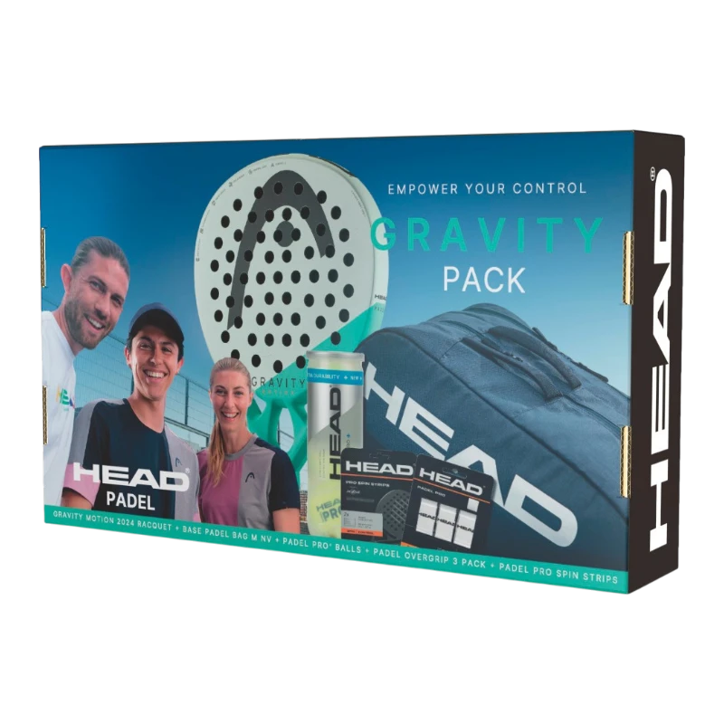 Head Gravity Pack -mailasetti, johon kuuluu kaksi mailaa, pallot ja kantolaukku pakkauksen kyljessä.