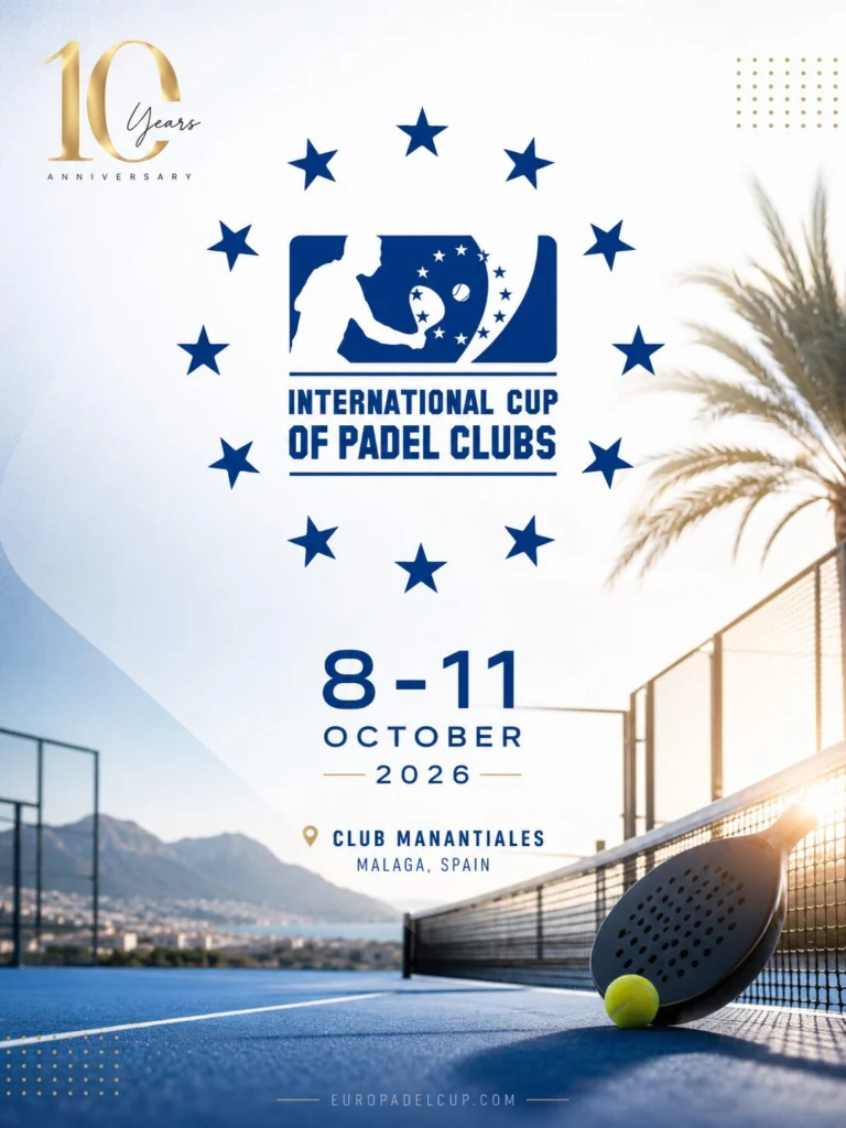 Poster for the International Cup of Padel Clubs, Oct 8–11, 2026, Club Manantiales, Málaga, Spain; paddles, ball, and blue stars on a court backdrop