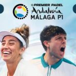 Promotional banner for Premier Padel Andalusia Málaga showing two cheering athletes with tour logos above them on a blue backgroundy sky.