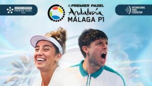 Promotional banner for Premier Padel Andalusia Málaga showing two cheering athletes with tour logos above them on a blue backgroundy sky.