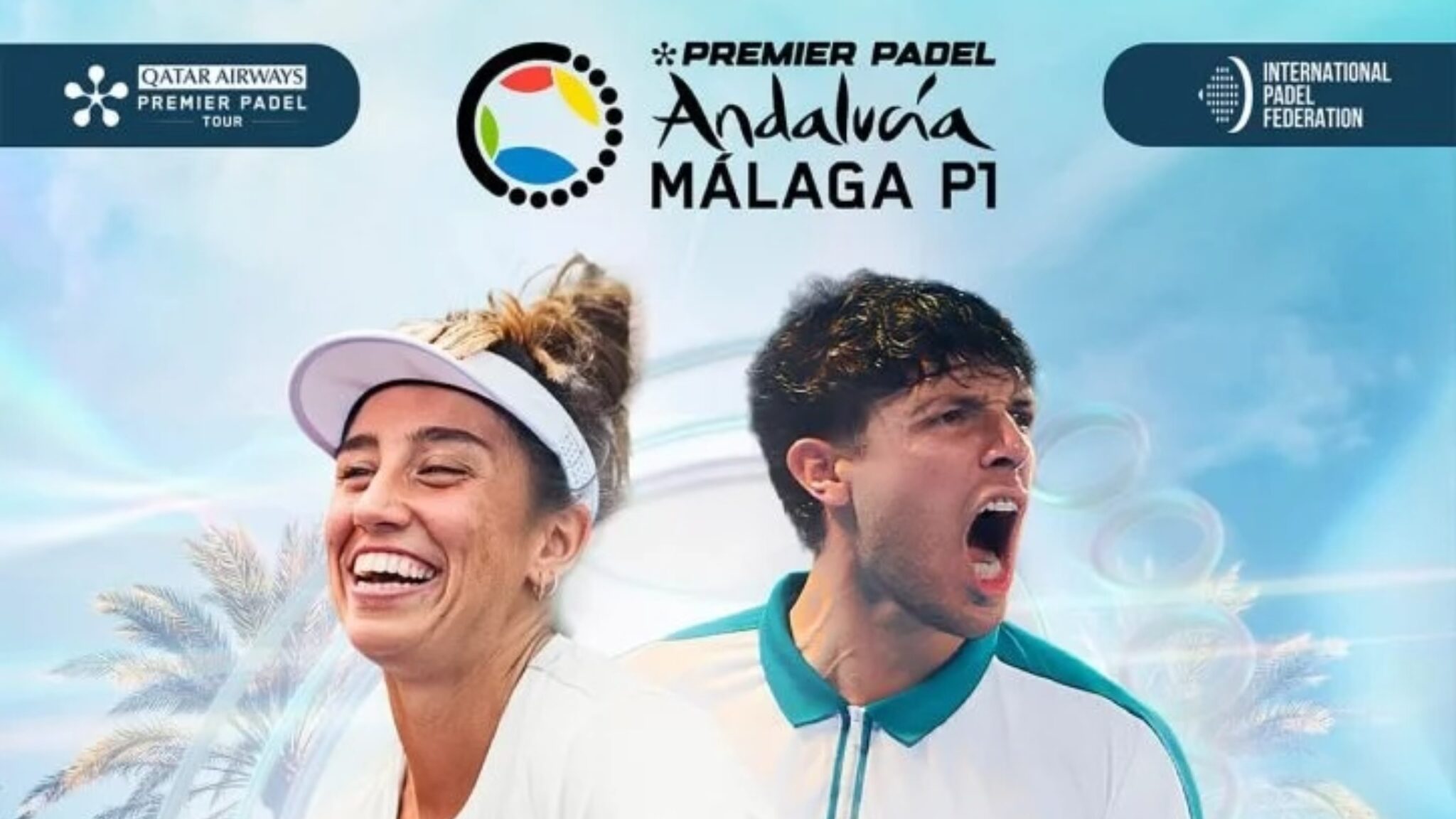 Promotional banner for Premier Padel Andalusia Málaga showing two cheering athletes with tour logos above them on a blue backgroundy sky.