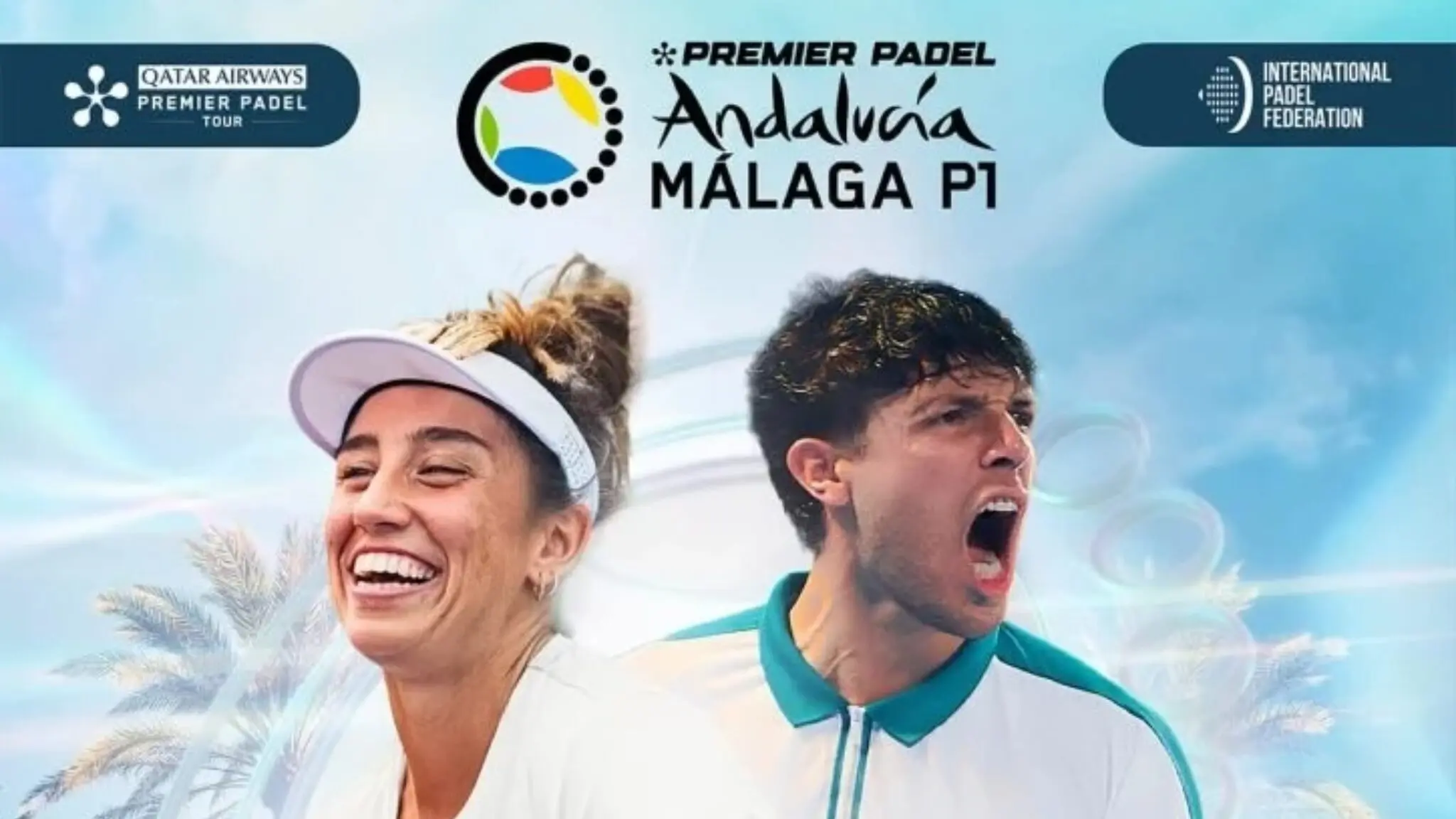 Promotional banner for Premier Padel Andalusia Málaga showing two cheering athletes with tour logos above them on a blue backgroundy sky.