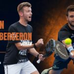 Promo banner for FIP Tour 2026 showing two padel players in black shirts mid-play, with orange text listing Seurin Bergeron and Johan.