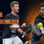 Promo banner for FIP Tour 2026 showing two padel players in black shirts mid-play, with orange text listing Seurin Bergeron and Johan.