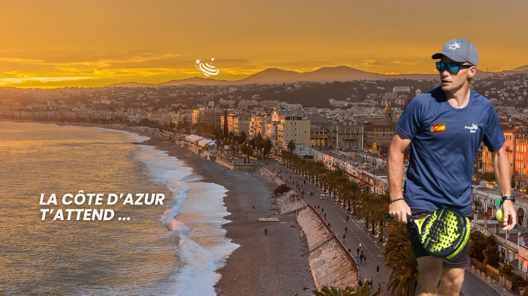 Sunset over the Côte d’Azur with a man in a blue shirt running along a seaside promenade; slogan'La Côte d’Azur t’attend…' appears on the left.