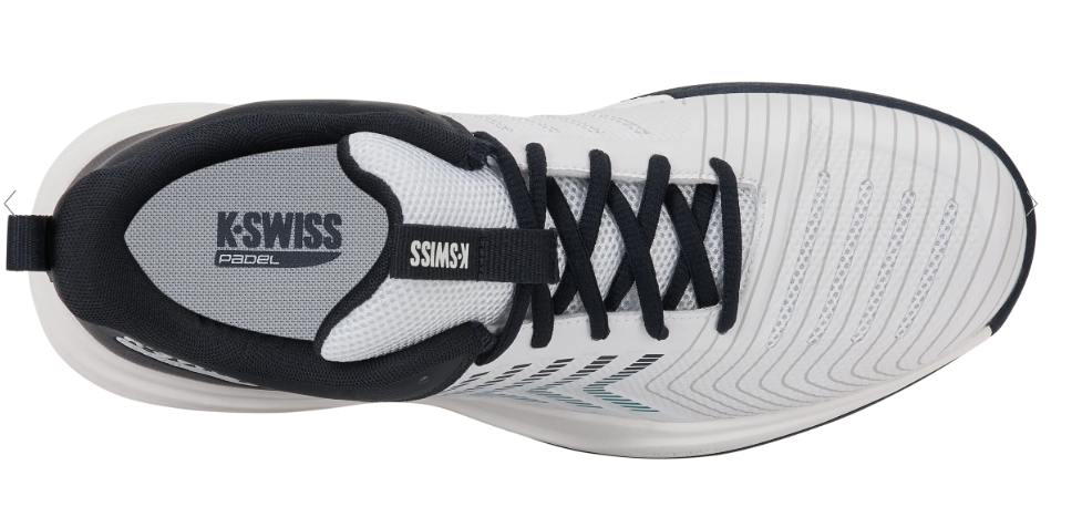 4 | Padel Magazine Top-down view of a white K-Swiss Padel athletic shoe with black laces and gray interior padding.
