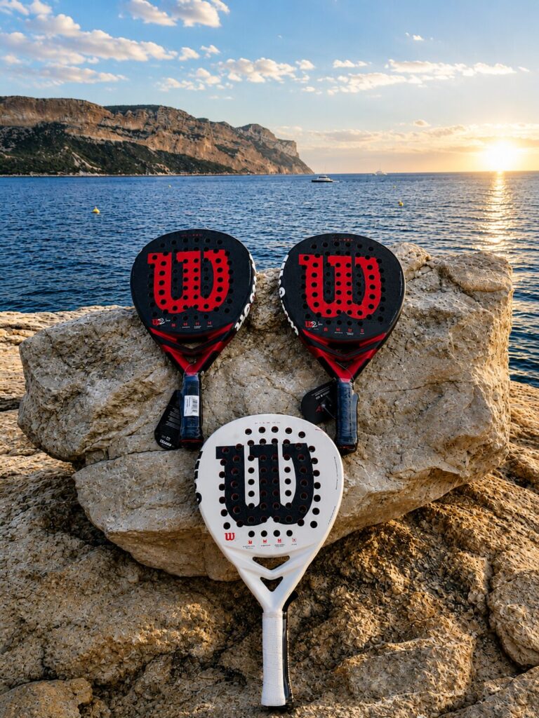 Bella Cassis | Padel Magazine Three padel rackets resting on a rocky shoreline with the sea and a sunset in the distance.