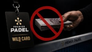 Premier Padel Wild Card badge beside a hand holding a stack of cash with a red prohibition symbol over the money, signaling no bribery
