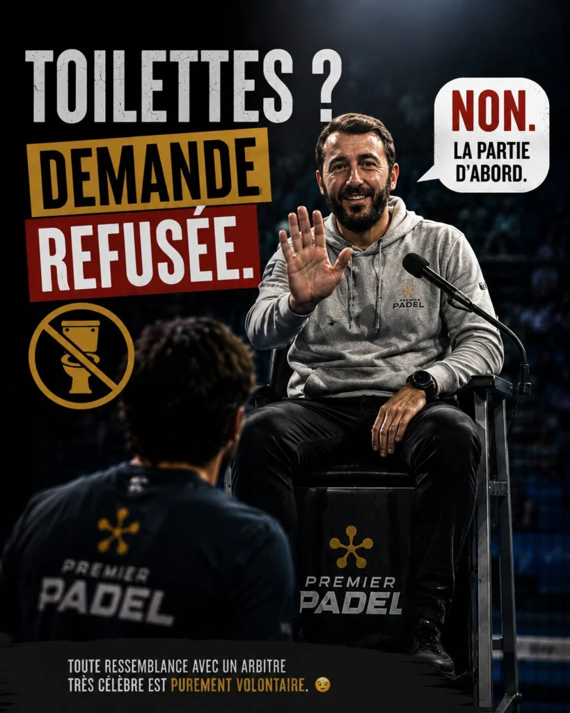 Obraz ChatGPT 12 sierpnia 2026 21_06_41 | Padel Magazine Plakat promocyjny przedstawiający mężczyznę na panelu, z pogrubionym tekstem „TOALETA? PROŚBA ODMOWANA.” i dymkiem „NIE. NAJPIERW IMPREZA.”; Premier Padel widoczna marka; odbiorcy na pierwszym planie.