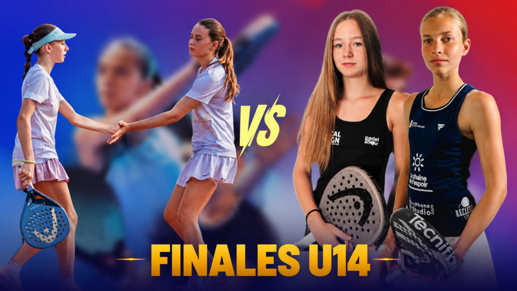Championnats de France U14 – Laforge / Le Roux impressionnent, Le Jeune / Meyer résistent, Devriendt / Debroy et Bessière / Pottier ne lâchent aucun set - Direction la finale ! | Padel Magazine Banner for a youth tennis final: two players shake hands in the left foreground, others stand with rackets on the right, over a blue-purplish gradient with bold 'VS' and 'FINALES U14' text at the bottom.