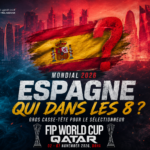Poster for FIP World Cup Qatar 2026 showing a blue-red gradient city skyline, Spain flag and bold text 'ESPAGNE QUI DANS LES 8?' with flames in blue and red and event details below.