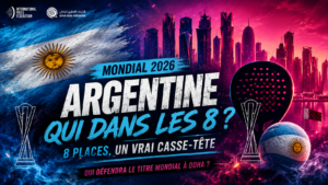 Affiche promotionnelle Mondial 2026: drapeau argentin, skyline futuriste et le titre 'ARGENTINE' avec 'QUI DANS LES 8?'.
