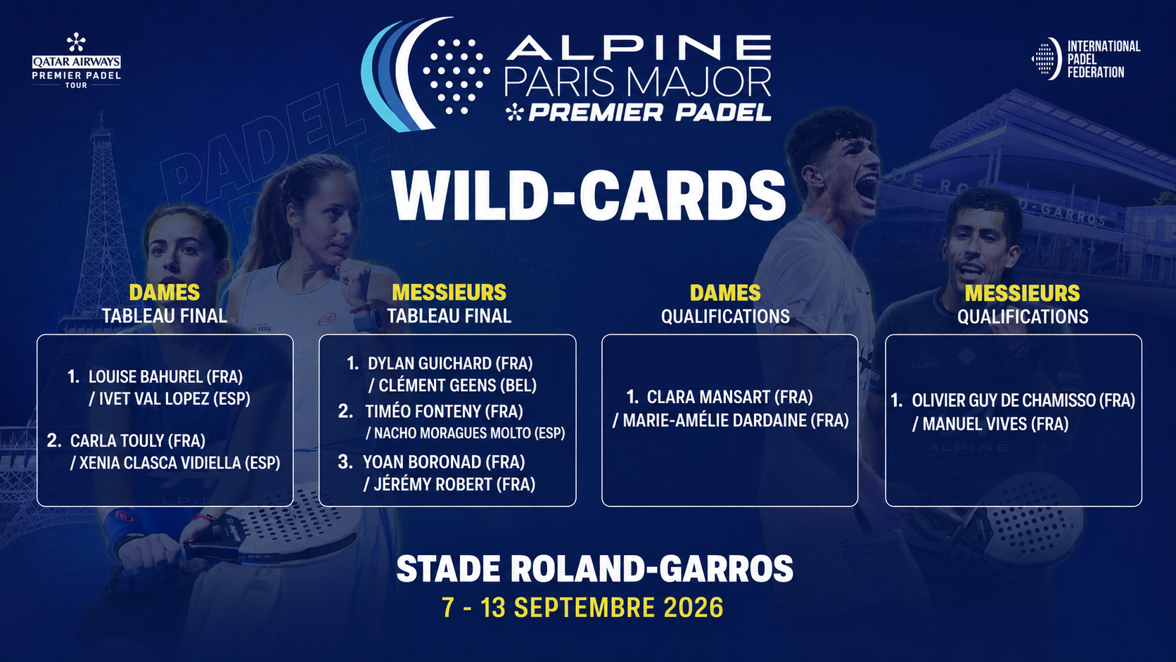 Alpine Paris Major 2026 : la FFT dévoile ses wild-cards, Guichard, Fonteny, Boronad et Bahurel, Touly directement dans le tableau principal