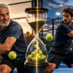 Padel après 40, 50, 60 ans : ce que dit vraiment la science sur le vieillissement sportif | Padel Magazine Two men play tennis on an outdoor court at sunset, with a giant glowing hourglass between them filled with tennis balls.