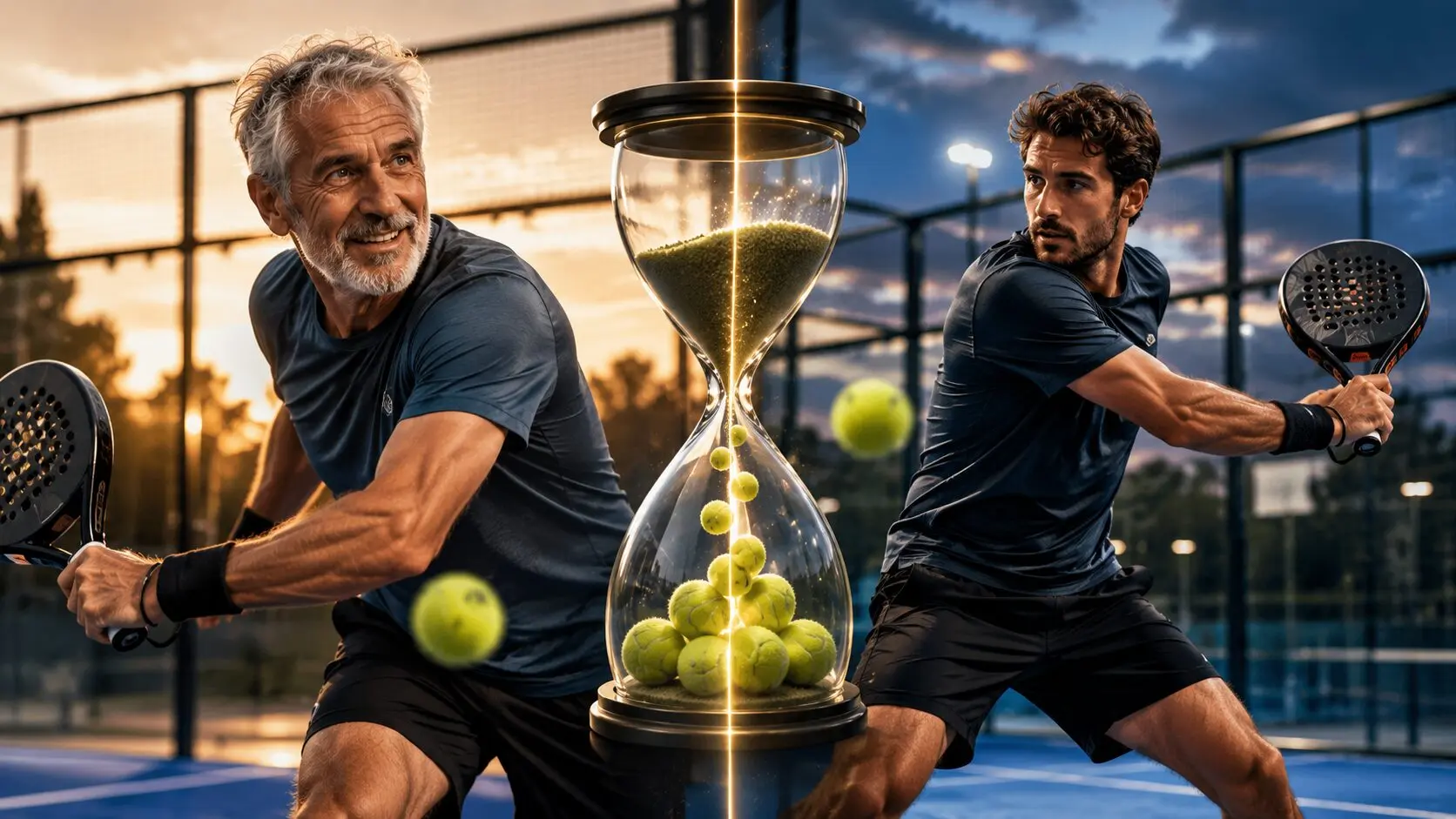 Two men play tennis on an outdoor court at sunset, with a giant glowing hourglass between them filled with tennis balls.