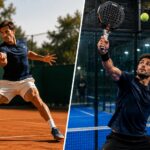 Ce que révèle l'analyse du geste : coup droit tennis vs bandeja padel | Padel Magazine Split image of two male athletes: left on a clay tennis court lunges to hit a ball with a racket; right on an enclosed padel court reaches for a fast shot with a perforated racket at a glass-walled court.