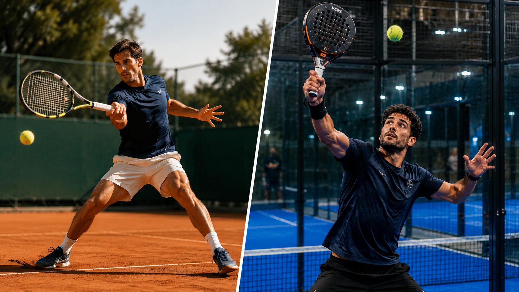 Ce que révèle l'analyse du geste : coup droit tennis vs bandeja padel | Padel Magazine Split image of two male athletes: left on a clay tennis court lunges to hit a ball with a racket; right on an enclosed padel court reaches for a fast shot with a perforated racket at a glass-walled court.