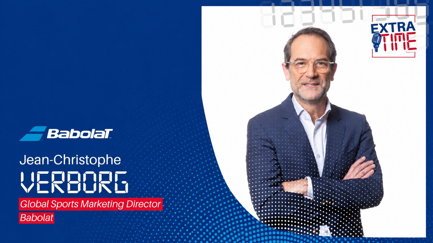 Jean-Christophe Verborg, Global Sports Marketing Director, on a blue Babolat promotional banner with logo and text.