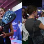 Du football au padel Alexia Putellas invitée de prestige à Londres | Padel Magazine Two-panel image from a sports event: left shows a smiling woman holding a blue padel racket indoors; right shows two women embracing and chatting in a crowd.