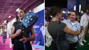 Two-panel image from a sports event: left shows a smiling woman holding a blue padel racket indoors; right shows two women embracing and chatting in a crowd.