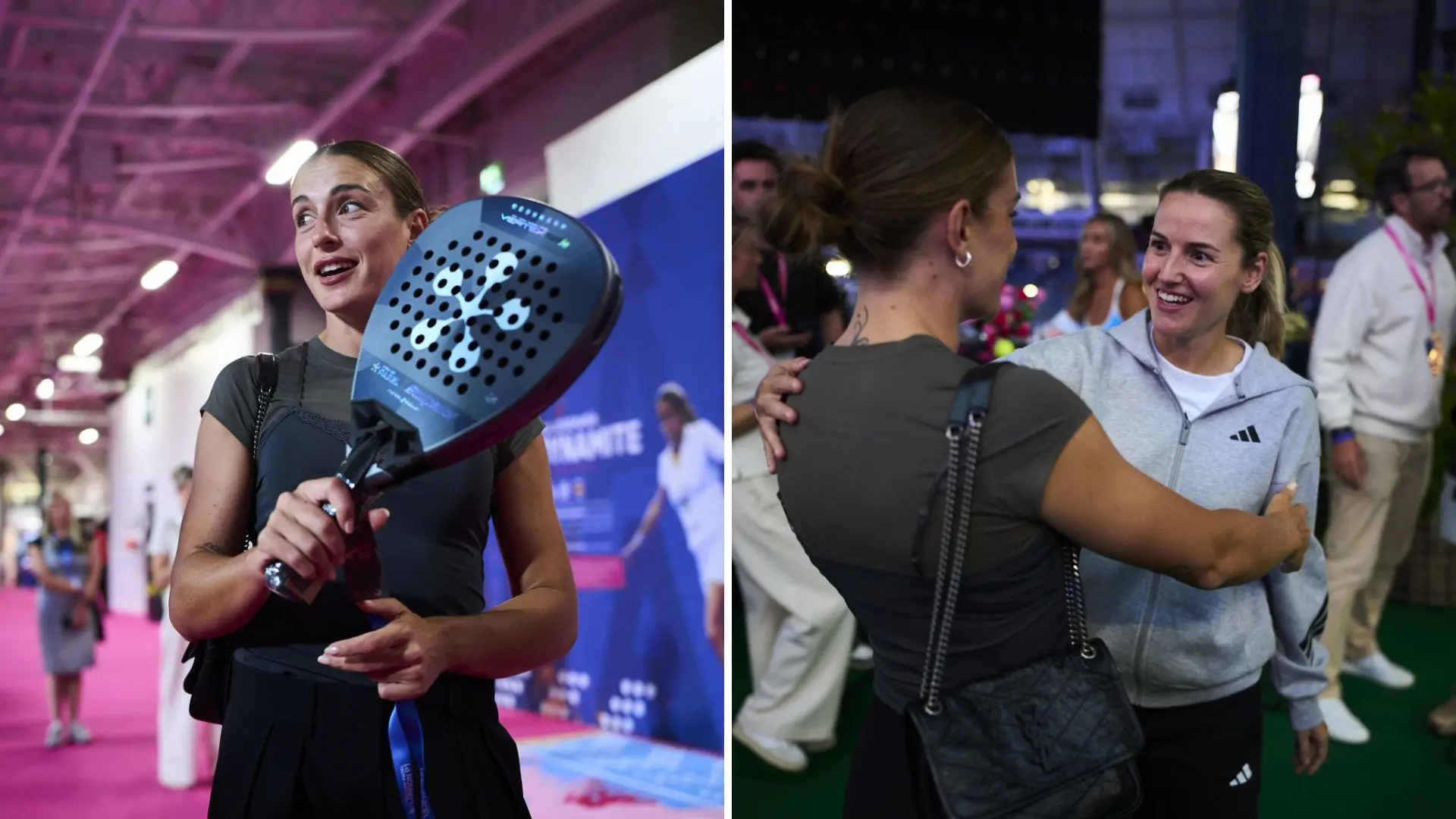 Two-panel image from a sports event: left shows a smiling woman holding a blue padel racket indoors; right shows two women embracing and chatting in a crowd.