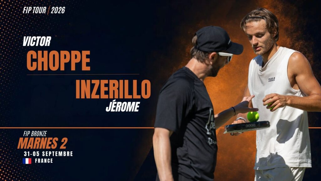 Promotional poster for FIP Tour 2026 showing two athletes against a dark blue/orange background with bold orange names Choppe and Inzerillo and 'Victor' and 'Jérôme' text.
