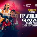 Qualifications Mondial 2026 : Madrid accueillera l'Europe pour décrocher les derniers billets vers Doha | Padel Magazine Collage of European paddle players against a blue‑pink gradient, with the text 'FIP World Cup Qatar Madrid, Spain 22-26 September 2026' and event logos.