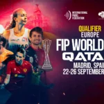 Qualifications Mondial 2026 : Madrid accueillera l'Europe pour décrocher les derniers billets vers Doha | Padel Magazine Collage of European paddle players against a blue‑pink gradient, with the text 'FIP World Cup Qatar Madrid, Spain 22-26 September 2026' and event logos.