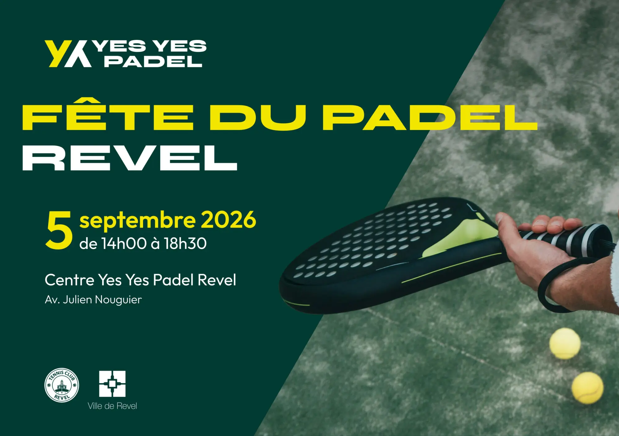 Promotional poster for a padel event: "Fête du Padel" on 5 September 2026 at Centre Yes Yes Padel Revel, with venue and address details.