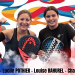 Four women paddle‑tennis players cheer, each holding a racket, against a bright abstract background; bottom names read Steffi Merah, Lucile Pothier, Louise Bahurel, Charlotte Soubrié.