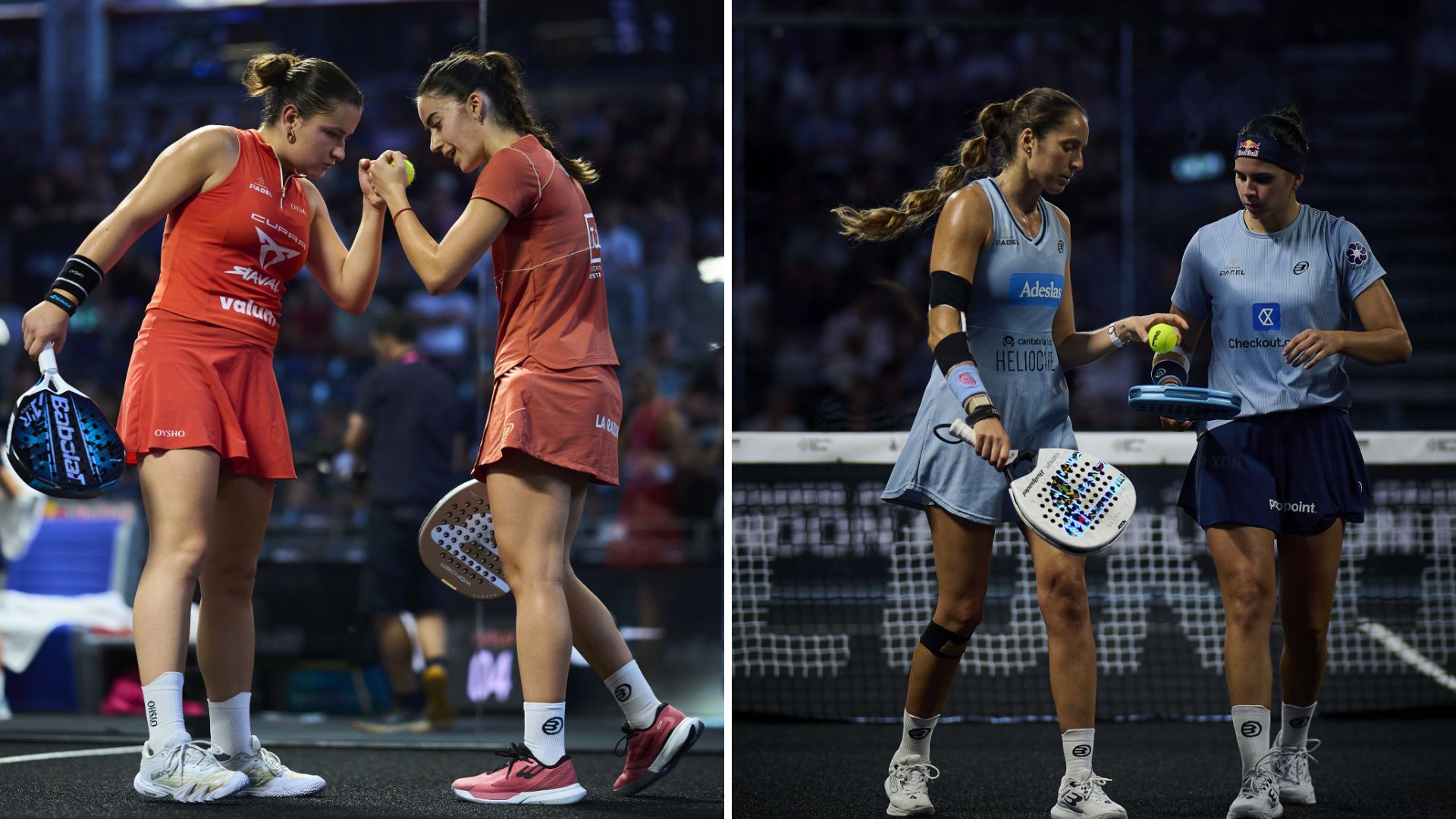 Two female padel players odds bump fists on court between rounds, wearing orange uniforms and holding rackets, split into a left panel view.