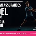 Poster advertising a Padel tournament with a male player swinging a racket; dates 14, 15 & 16 August; contact for inscriptions at Patrick Fouquet.