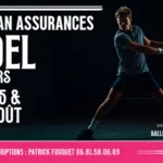 Poster advertising a Padel tournament with a male player swinging a racket; dates 14, 15 & 16 August; contact for inscriptions at Patrick Fouquet.