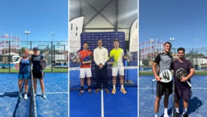 Collage of padel players: left panel two women with rackets, center panel three men with trophies, right panel two men with rackets.