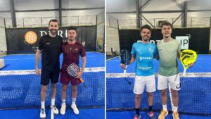 Left and right panels show two pairs of padel players posing with rackets on an indoor court behind a net; all smiling.