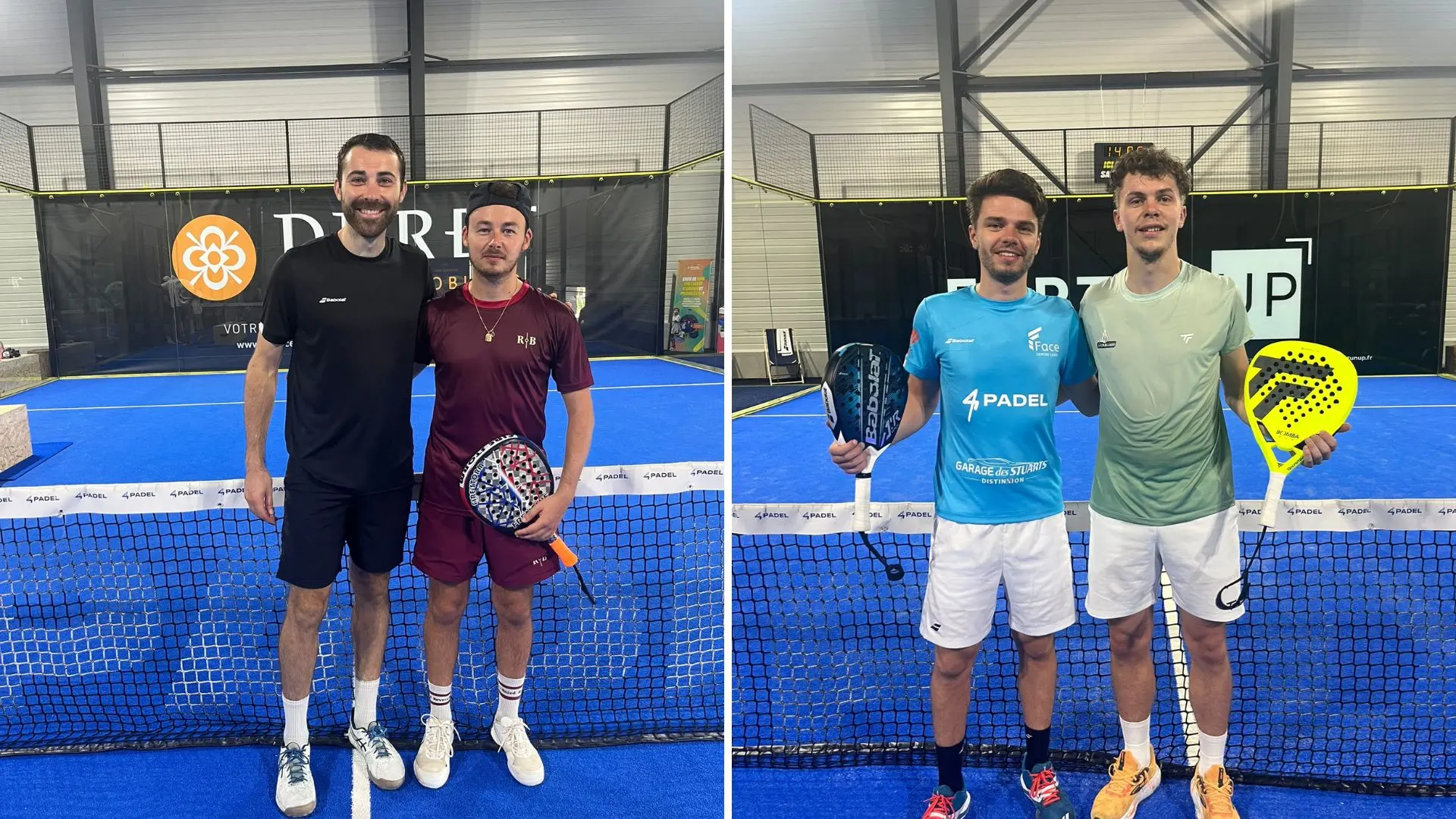 Left and right panels show two pairs of padel players posing with rackets on an indoor court behind a net; all smiling.