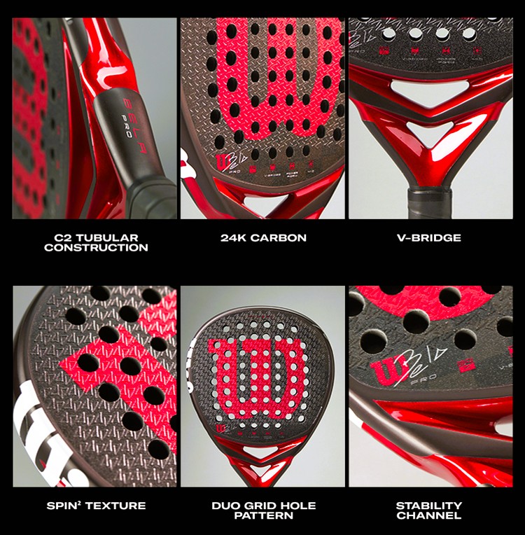 Technologies Bela Pro | Padel Magazine Close-up of red paddle edge with 'C2 Tubular Construction' label from the collage panel