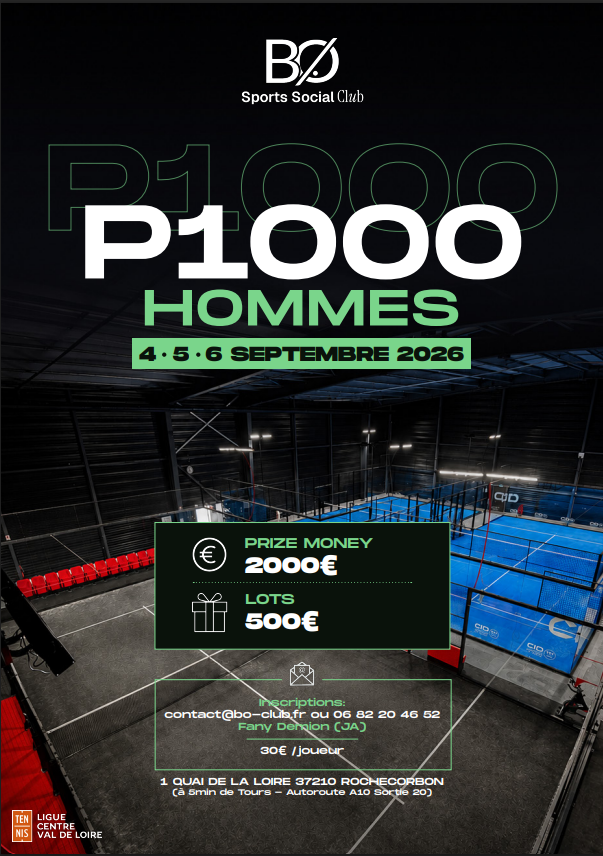 image | Padel Magazine Poster for P1000 Hommes badminton tournament (4–6 Sept 2026) with prize money 2000€ and lots 500€, shown over an indoor court image.
