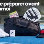 image | Padel Magazine "Bien se préparer avant un tournoi" overlaying text; sport bag with paddle, white shoes, towel, heart-cap on a blue court; French Padel Shop logo visible.