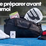 "Bien se préparer avant un tournoi" overlaying text; sport bag with paddle, white shoes, towel, heart-cap on a blue court; French Padel Shop logo visible.