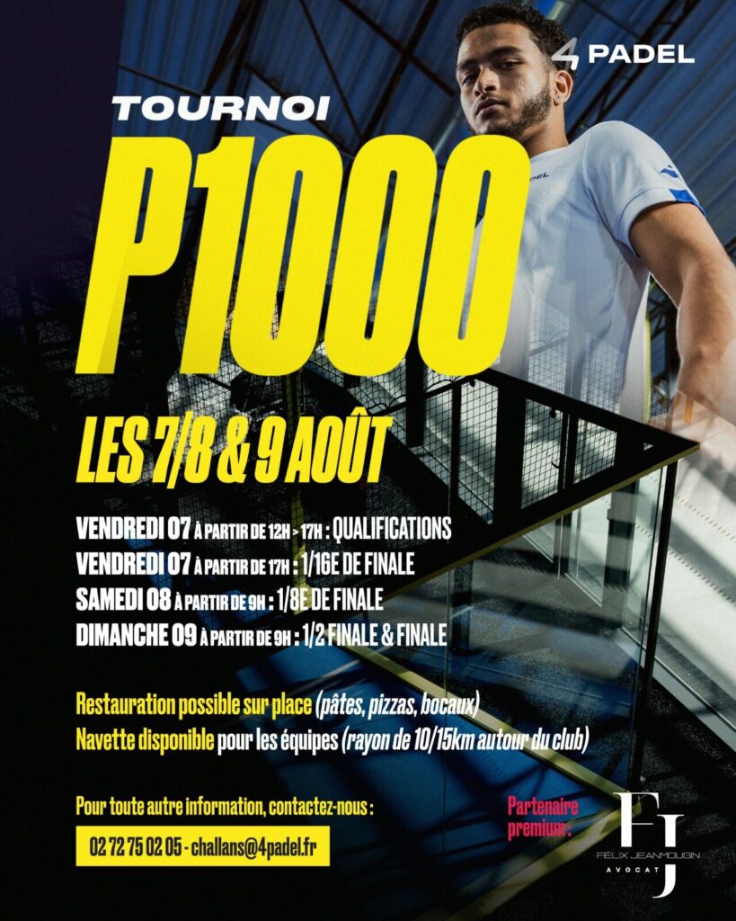 image | Padel Magazine Promotional poster for a Padel tournament with large yellow '1000' title, dates 7–9 August, and contact details.