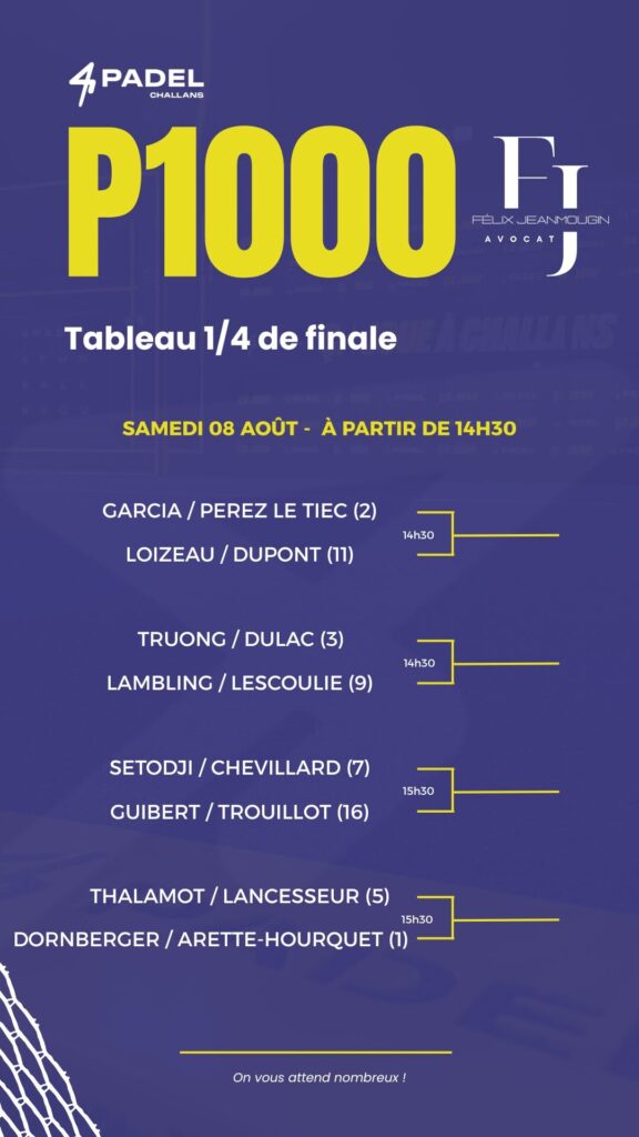 image | Padel Magazine Affiche promotionnelle P1000 Padel Challans avec paliers 1/4 de finale, listant paires et horaires (14h30, 15h30) en bleu et jaune vif.