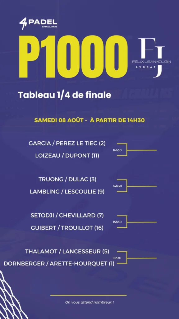 obraz | Padel Magazine Plakat promocyjny P1000 Padel Tablice z etapami ćwierćfinałowymi, na których wymienione są pary i czasy (14:30, 15:30) w kolorze niebieskim i jaskrawożółtym.